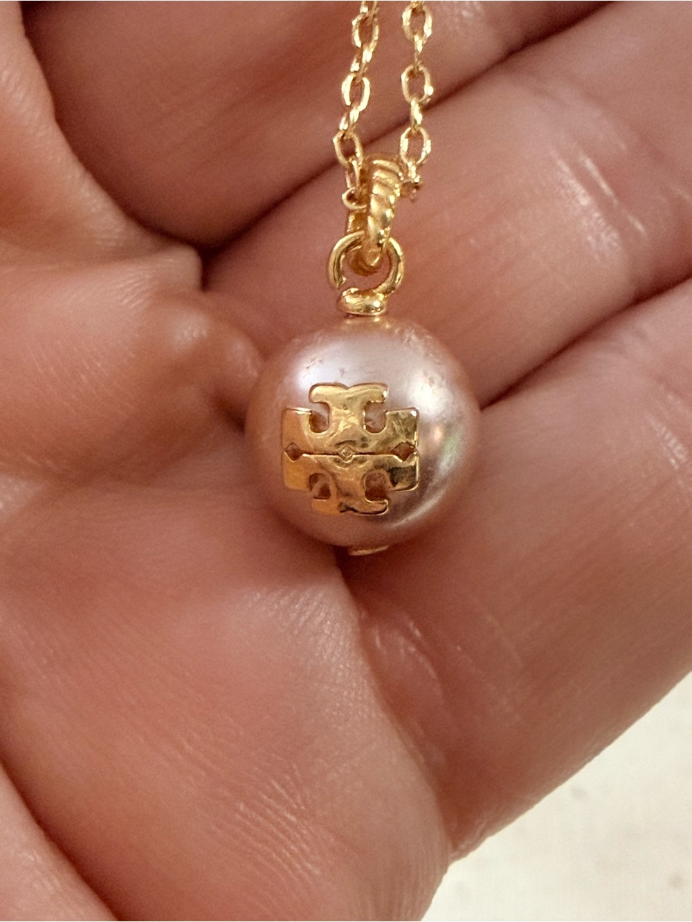 Tory Burch Gold Logo Pearl Pendant Necklace - Gold